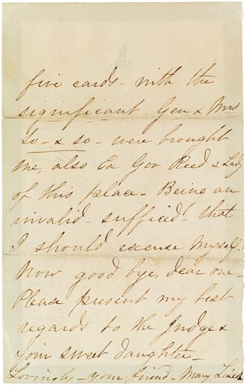 I FANCIED . . . THE REBEL HORDE . . . WERE INVADING MY QUARTERS MARY TODD LINCOLN. Autograph Letter Signed,...